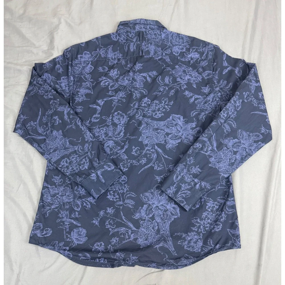 Banana Republic Mens Large Luxe Poplin Untucked Slim Fit Floral Shirt Navy Blue